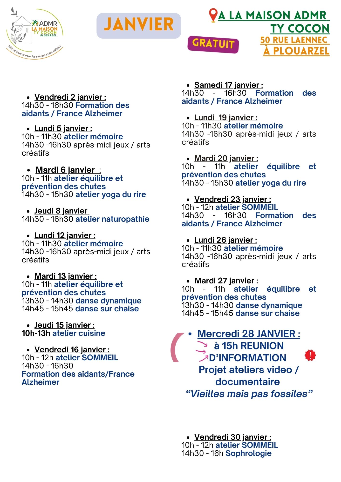 Programme Maison ADMR Janvier
