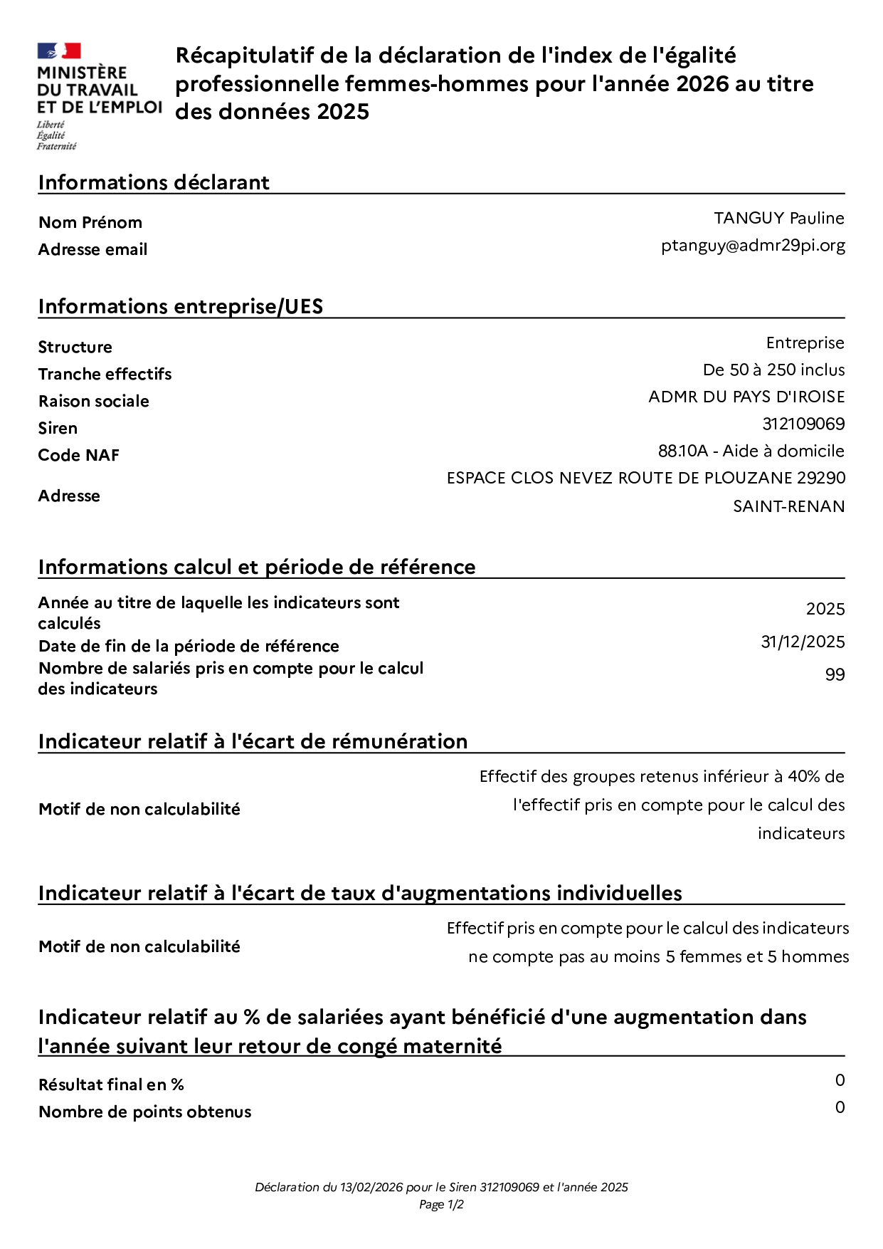 D&eacute;claration &eacute;galit&eacute; H/ F 2026
